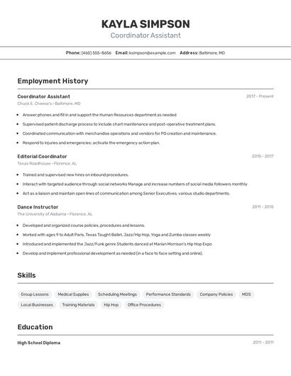 Coordinator Assistant Resume