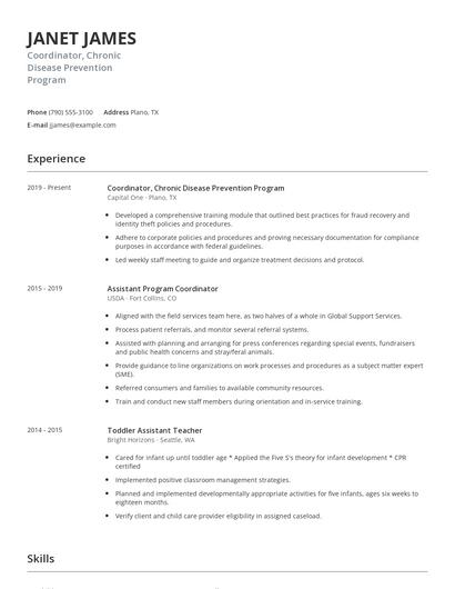 Coordinator, Chronic Disease Prevention Program Resume