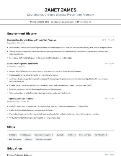 Coordinator, Chronic Disease Prevention Program Resume