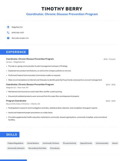 Coordinator, Chronic Disease Prevention Program Resume