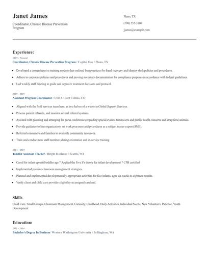 Coordinator, Chronic Disease Prevention Program Resume
