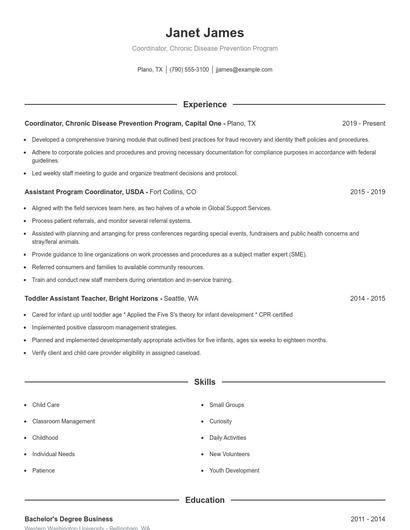 Coordinator, Chronic Disease Prevention Program Resume