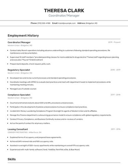 Coordinator/Manager Resume