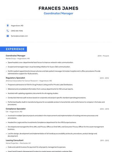 Coordinator/Manager Resume