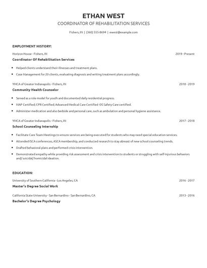Coordinator Of Rehabilitation Services Resume