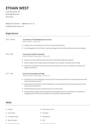 Coordinator Of Rehabilitation Services Resume