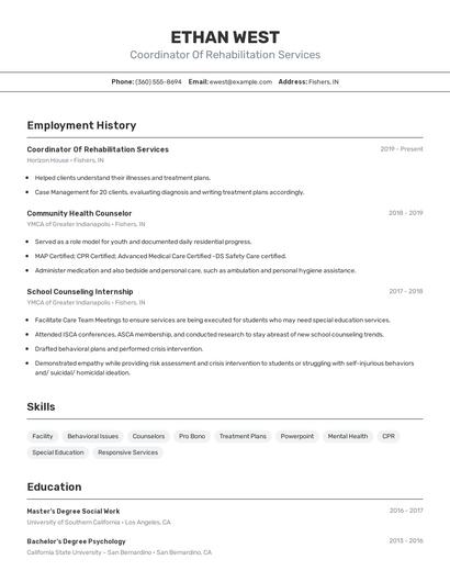 Coordinator Of Rehabilitation Services Resume