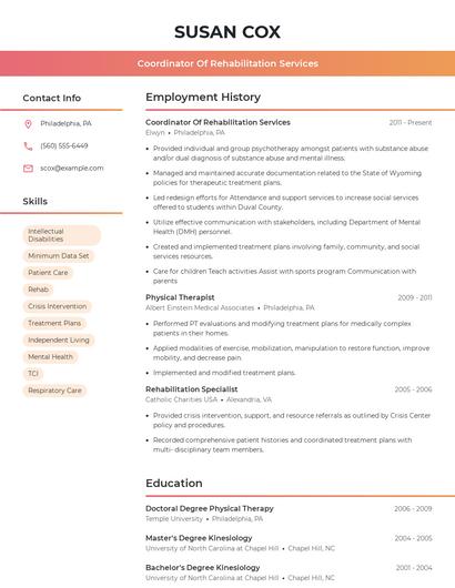 Coordinator Of Rehabilitation Services Resume