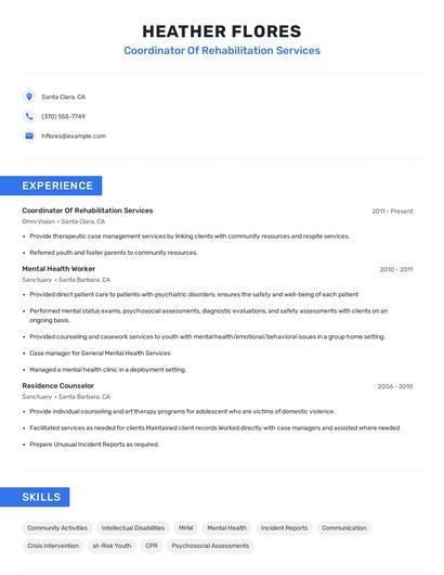 Coordinator Of Rehabilitation Services Resume