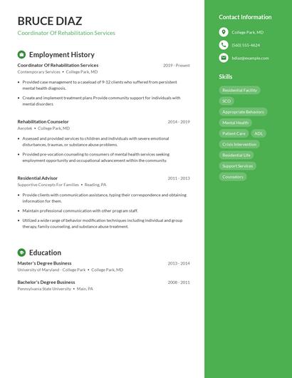Coordinator Of Rehabilitation Services Resume