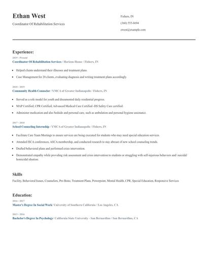 Coordinator Of Rehabilitation Services Resume