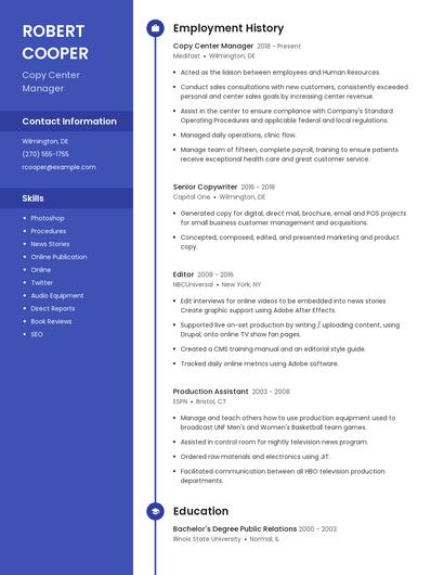 Copy Center Manager Resume