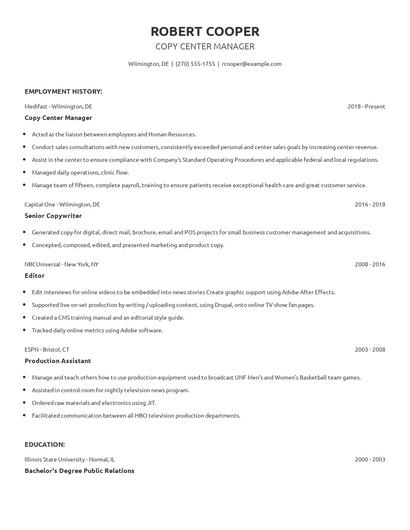 Copy Center Manager Resume