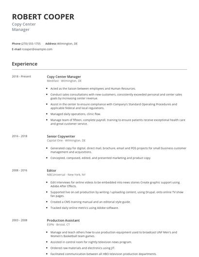 Copy Center Manager Resume