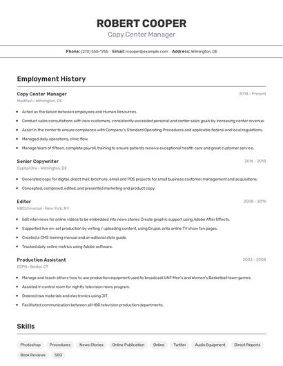 Copy Center Manager Resume