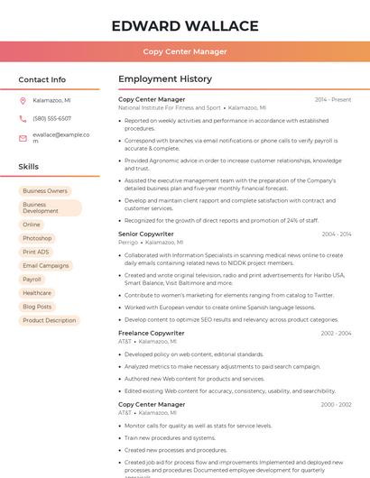 Copy Center Manager Resume