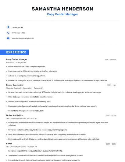 Copy Center Manager Resume