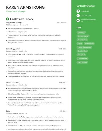 Copy Center Manager Resume