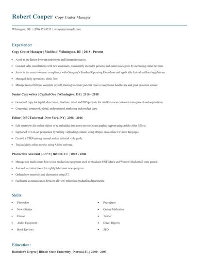 Copy Center Manager Resume