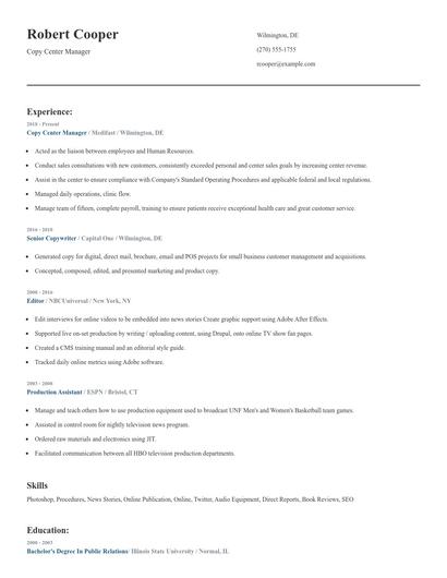 Copy Center Manager Resume