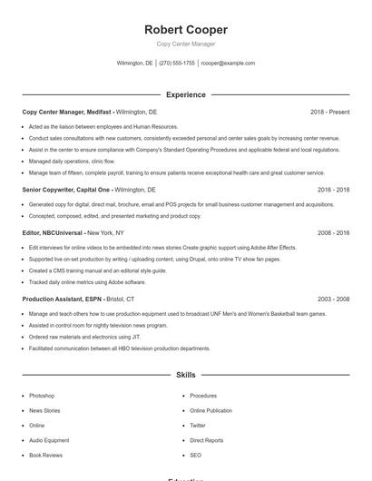 Copy Center Manager Resume