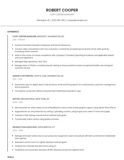 Copy Center Manager Resume