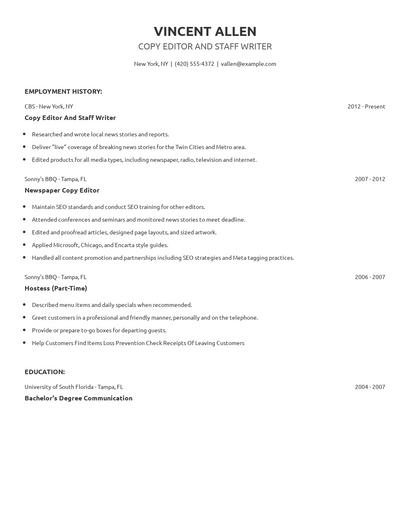 Copy Editor And Staff Writer Resume