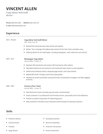 Copy Editor And Staff Writer Resume