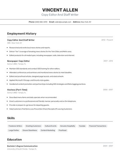 Copy Editor And Staff Writer Resume