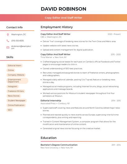Copy Editor And Staff Writer Resume