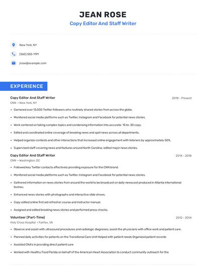 Copy Editor And Staff Writer Resume