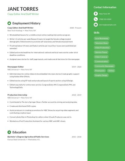 Copy Editor And Staff Writer Resume
