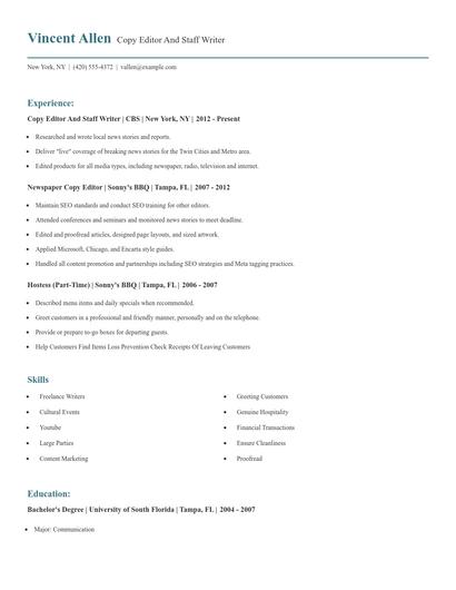 Copy Editor And Staff Writer Resume