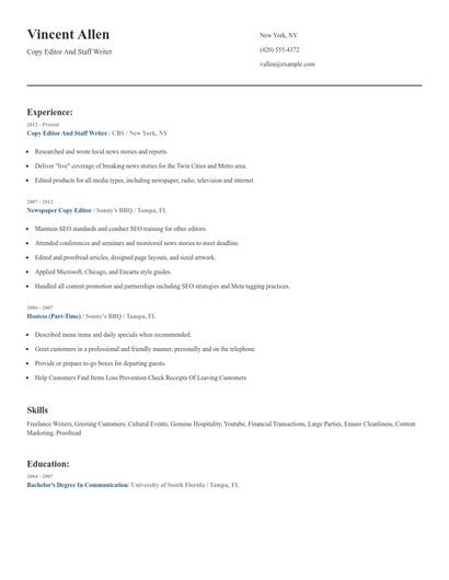Copy Editor And Staff Writer Resume