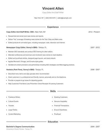 Copy Editor And Staff Writer Resume