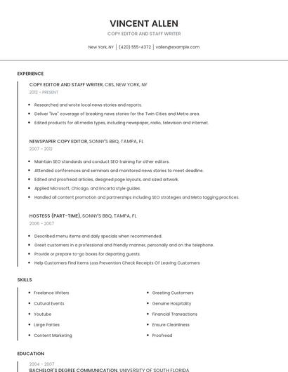 Copy Editor And Staff Writer Resume