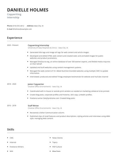 Copywriting Internship Resume