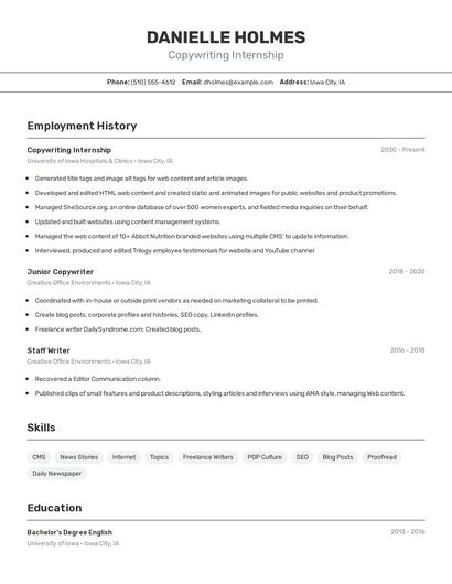 Copywriting Internship Resume