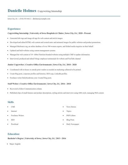 Copywriting Internship Resume