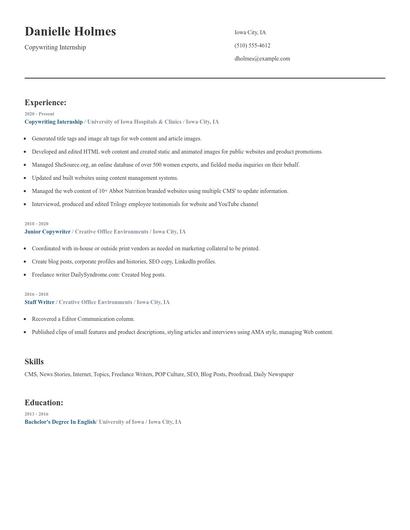 Copywriting Internship Resume