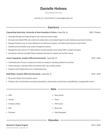 Copywriting Internship Resume