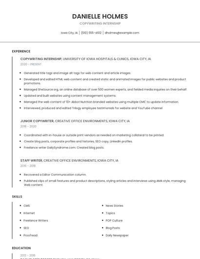 Copywriting Internship Resume