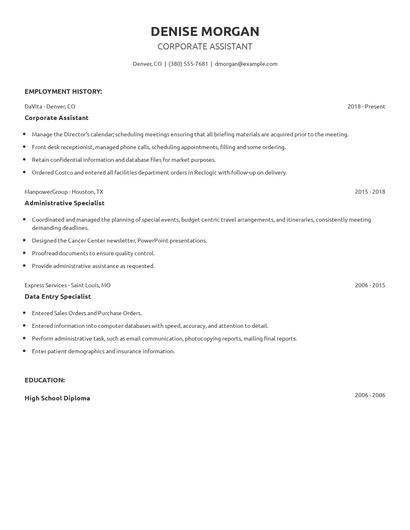 Corporate Assistant Resume