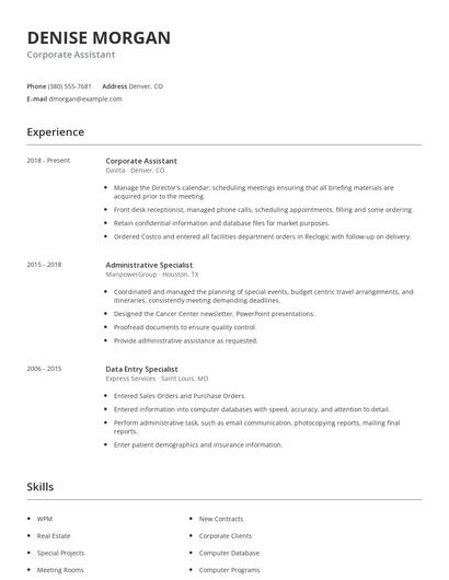 Corporate Assistant Resume