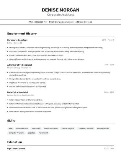 Corporate Assistant Resume