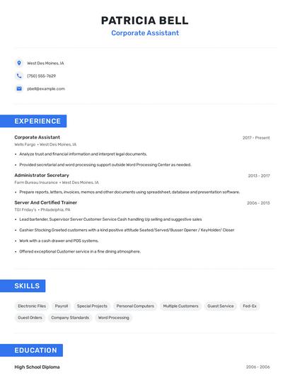 Corporate Assistant Resume