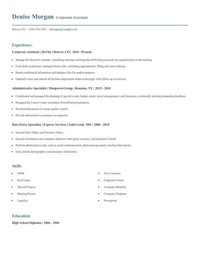 Corporate Assistant Resume