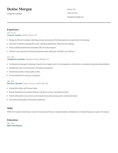 Corporate Assistant Resume