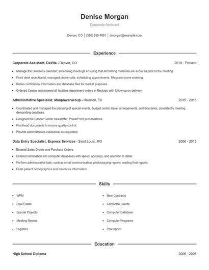 Corporate Assistant Resume