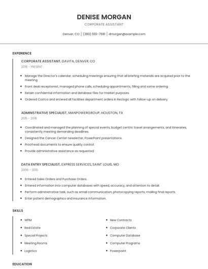 Corporate Assistant Resume